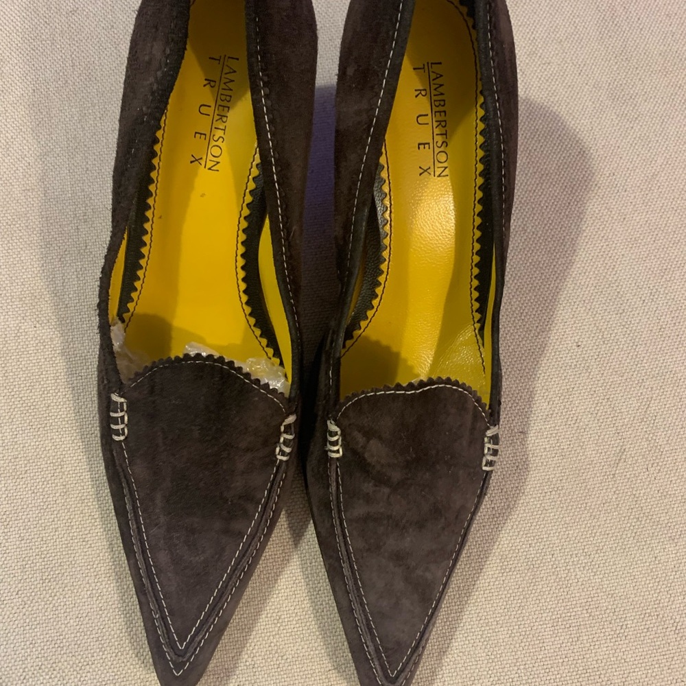 Designer LAMBERTSON TRUEX Expresso Suede High Heel Italian Shoes. Size 37